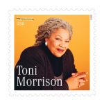 Image of the new toni morrison stamp where toni morrison is posing look at the camera.