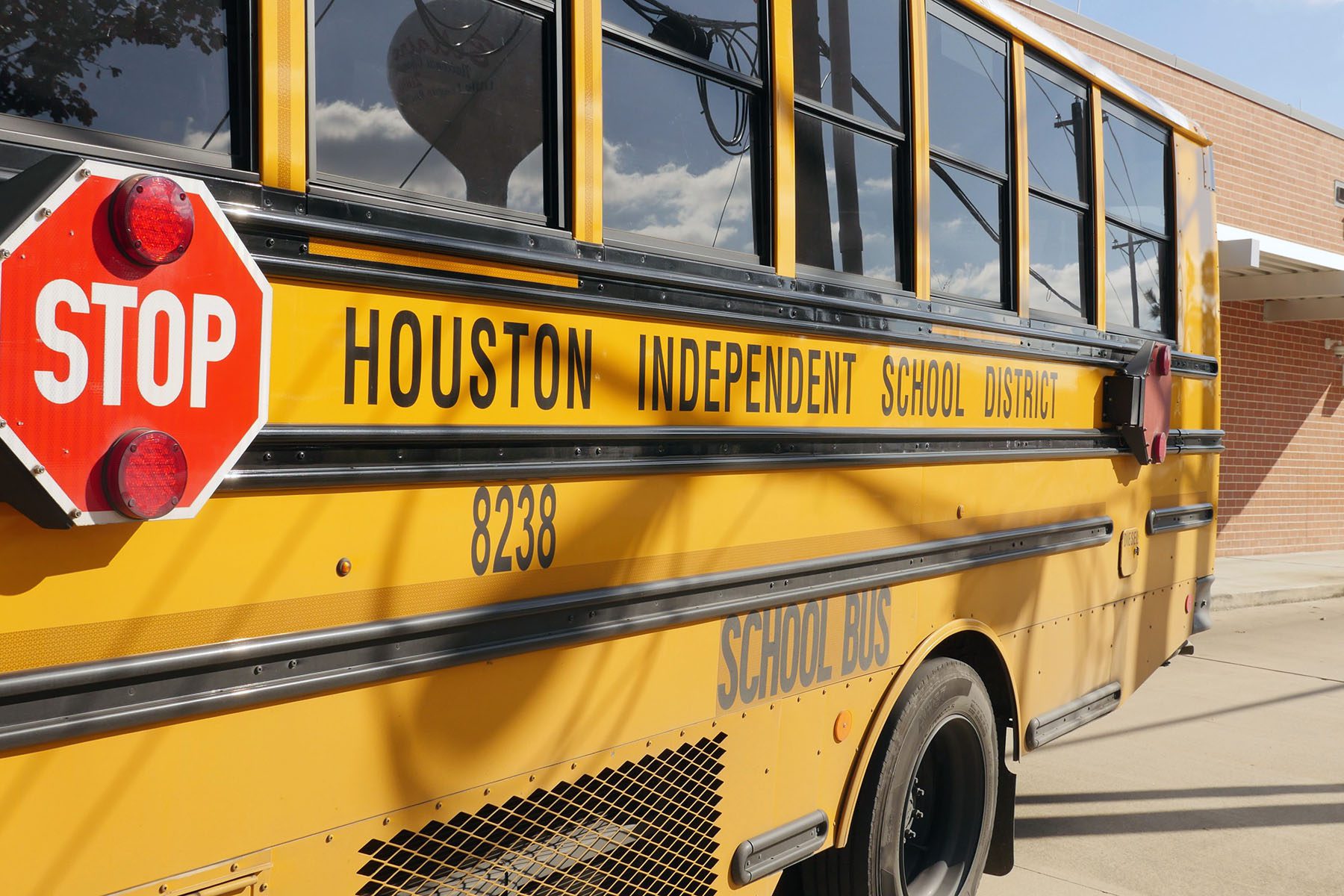 A school bus is seen outside Condit Elementary School in Bellaire, outside Houston, Texas.
