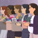 An illustration of recently laid off women lined up alongside one another carrying their personal items home.