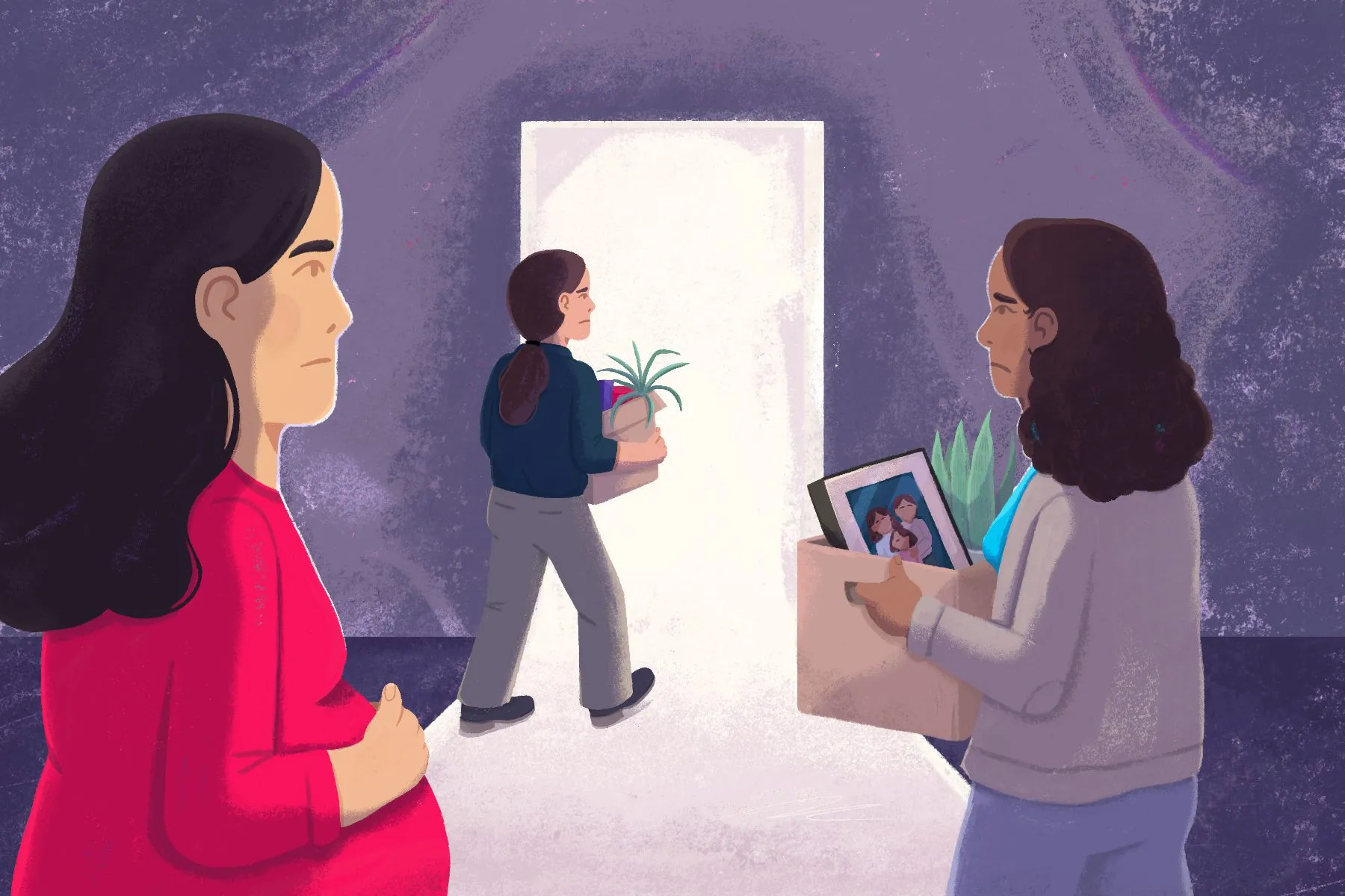 An illustration of women recently laid off from work (one of them is noticeably pregnant) headed out a doorway.