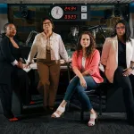 Ayesha Rascoe, Michel Martin, Leila Fadel and Juana Summers pose for a portrait together at the NPR headquarters in Washington, D.C.