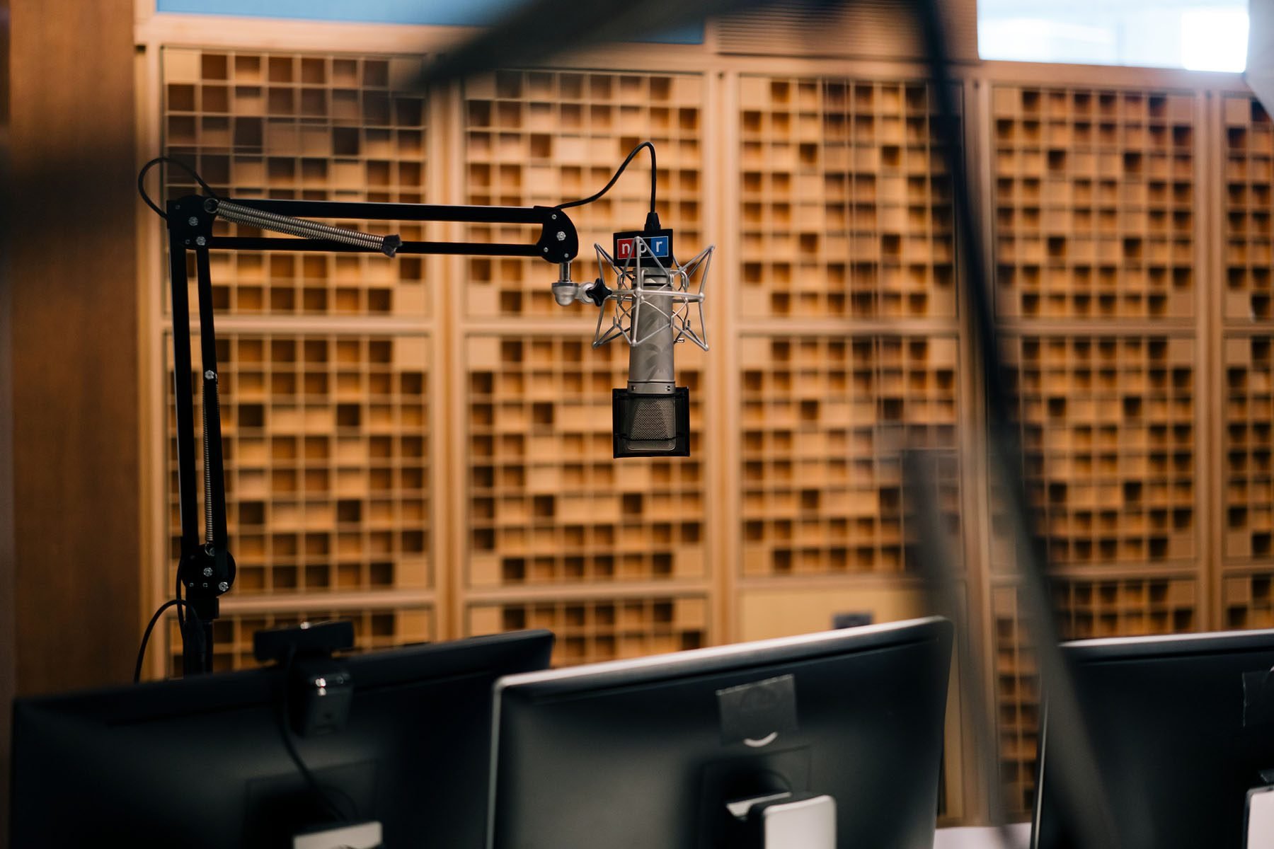 Microphones are seen in a studio at the NPR headquarters.