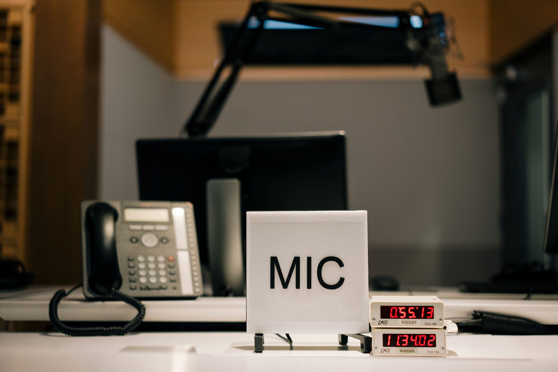 Microphones and telephones are are seen in a studio at the NPR headquarters.