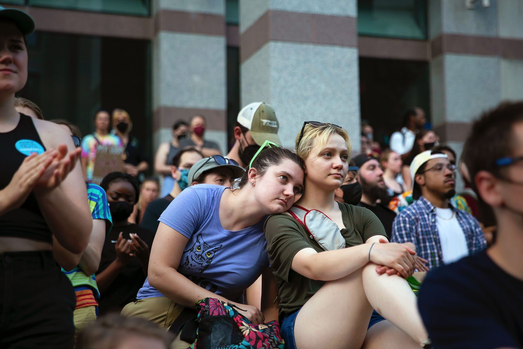 Two friends lean on each other during an abortion rights protest in Raleigh, North Carolina.