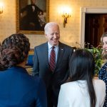 President Joe Biden greets panelists at the SBA Women’s Business Summit at the White House.