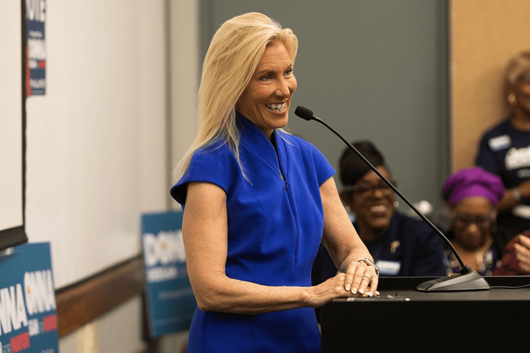 Donna Deegan speaks to constituents during a town hall in Jacksonville, Florida.