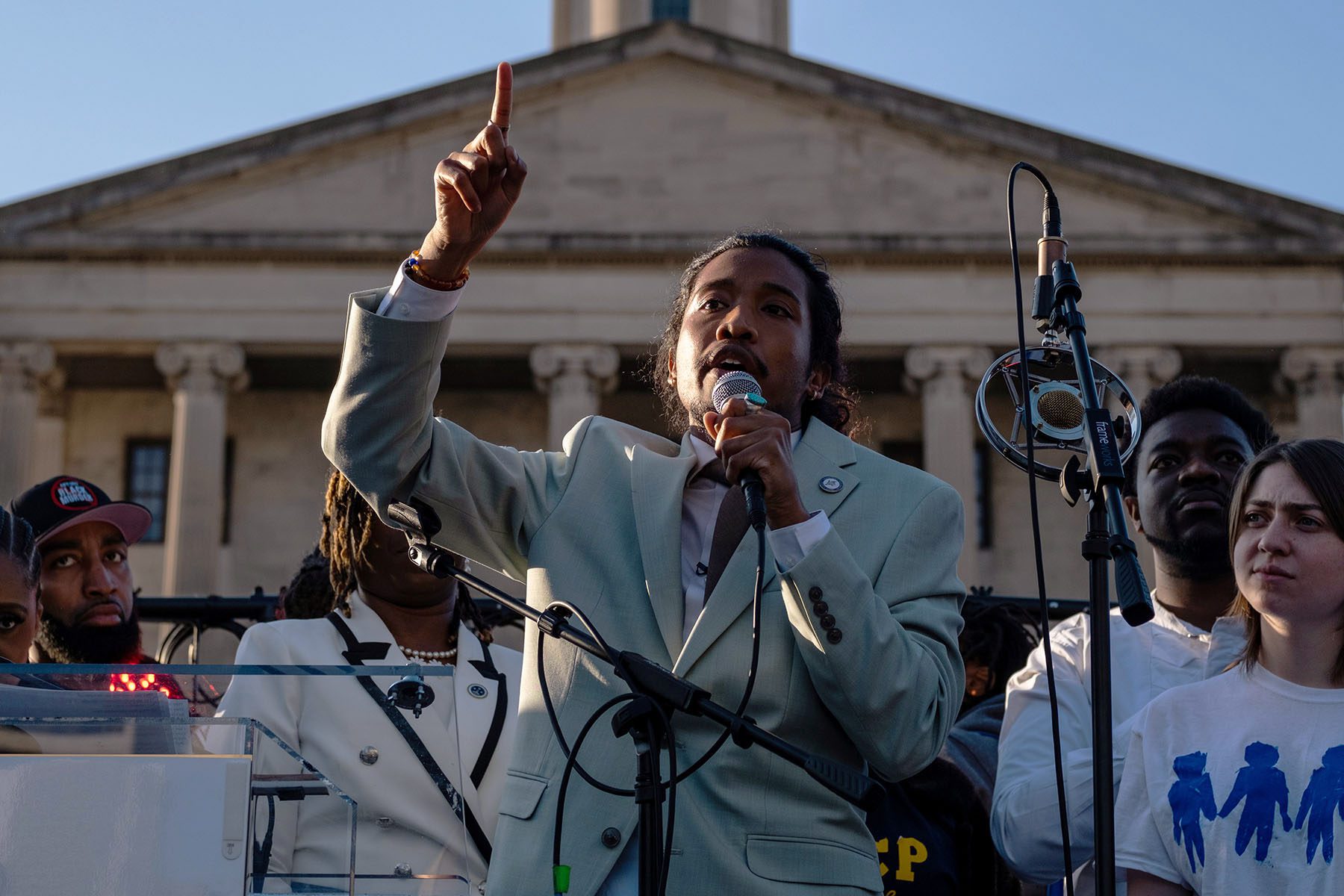 State Rep. Justin Jones speaks outside the Tennessee State Capitol on April 10, 2023 in Nashville, Tennessee.