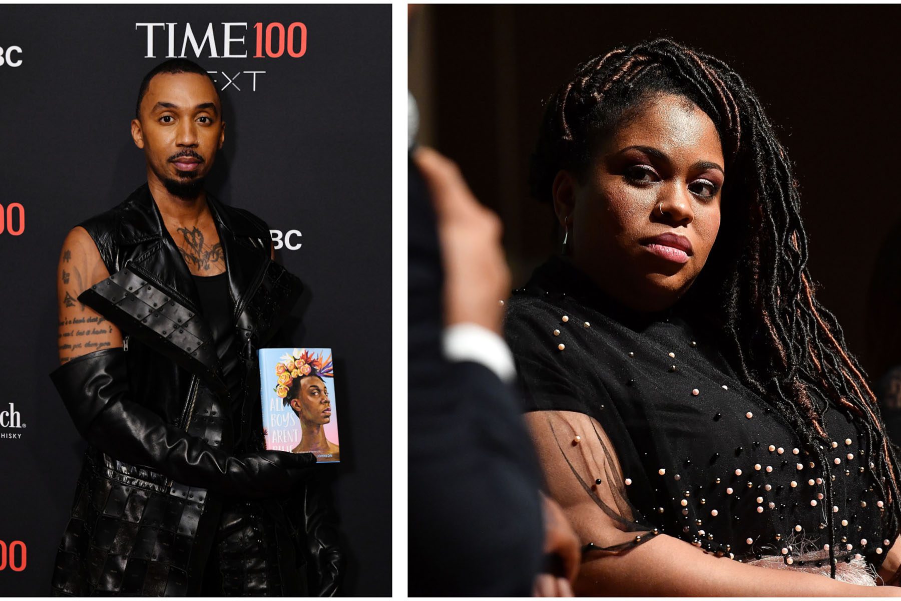 Left: George M. Johnson attends TIME100 Next Gala in New York City in October 22. Right: Angie Thomas is seen onstage during the Morehouse College Crown Forum in October 2018 in Atlanta.