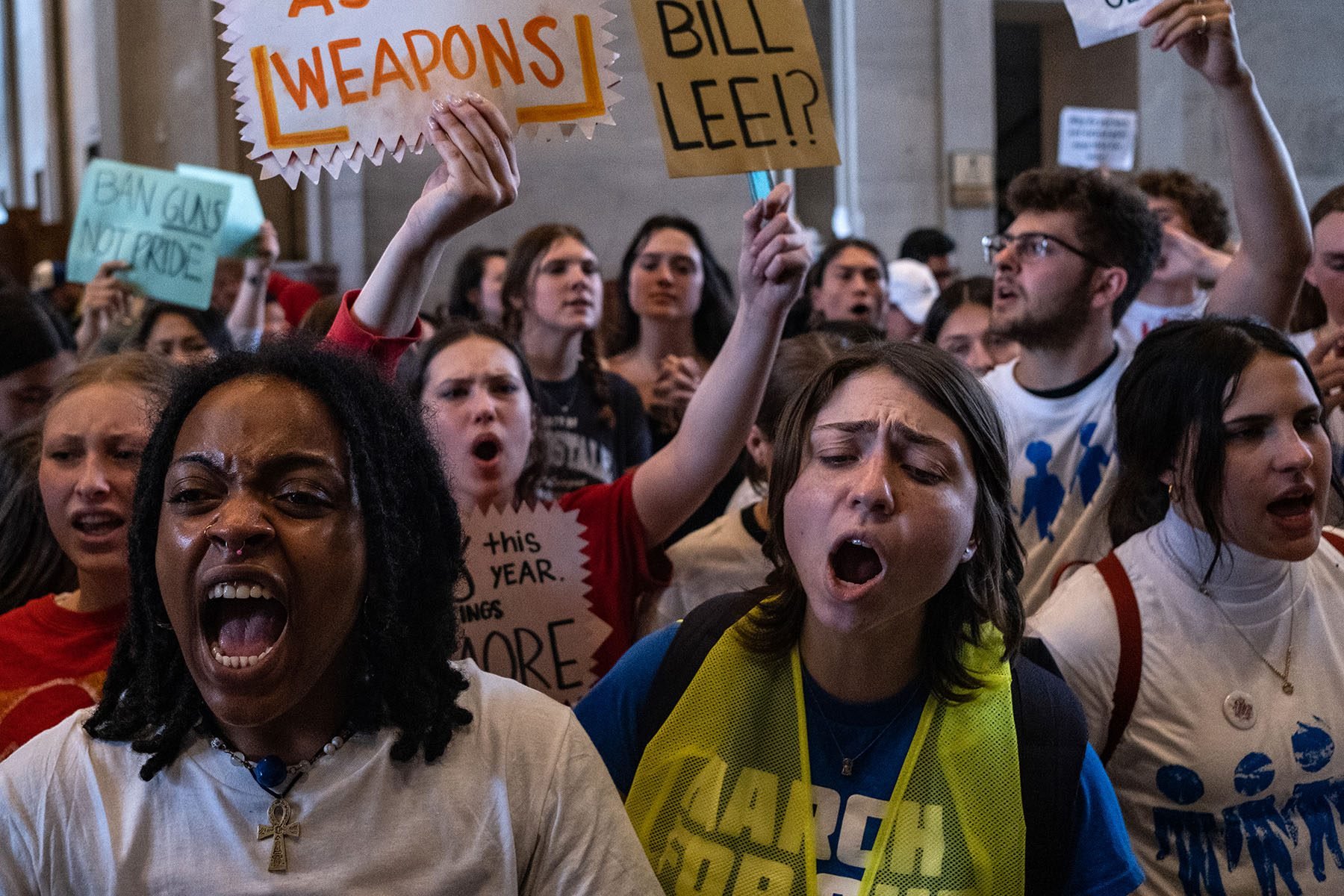 Protestors call for gun reform laws at Tennessee State Capitol building on April 6, 2023 in Nashville, Tennessee.