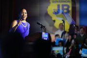 Illinois Lt. Gov. Juliana Stratton speaks to supporters after Illinois Gov. J.B. Pritzker was reelected.