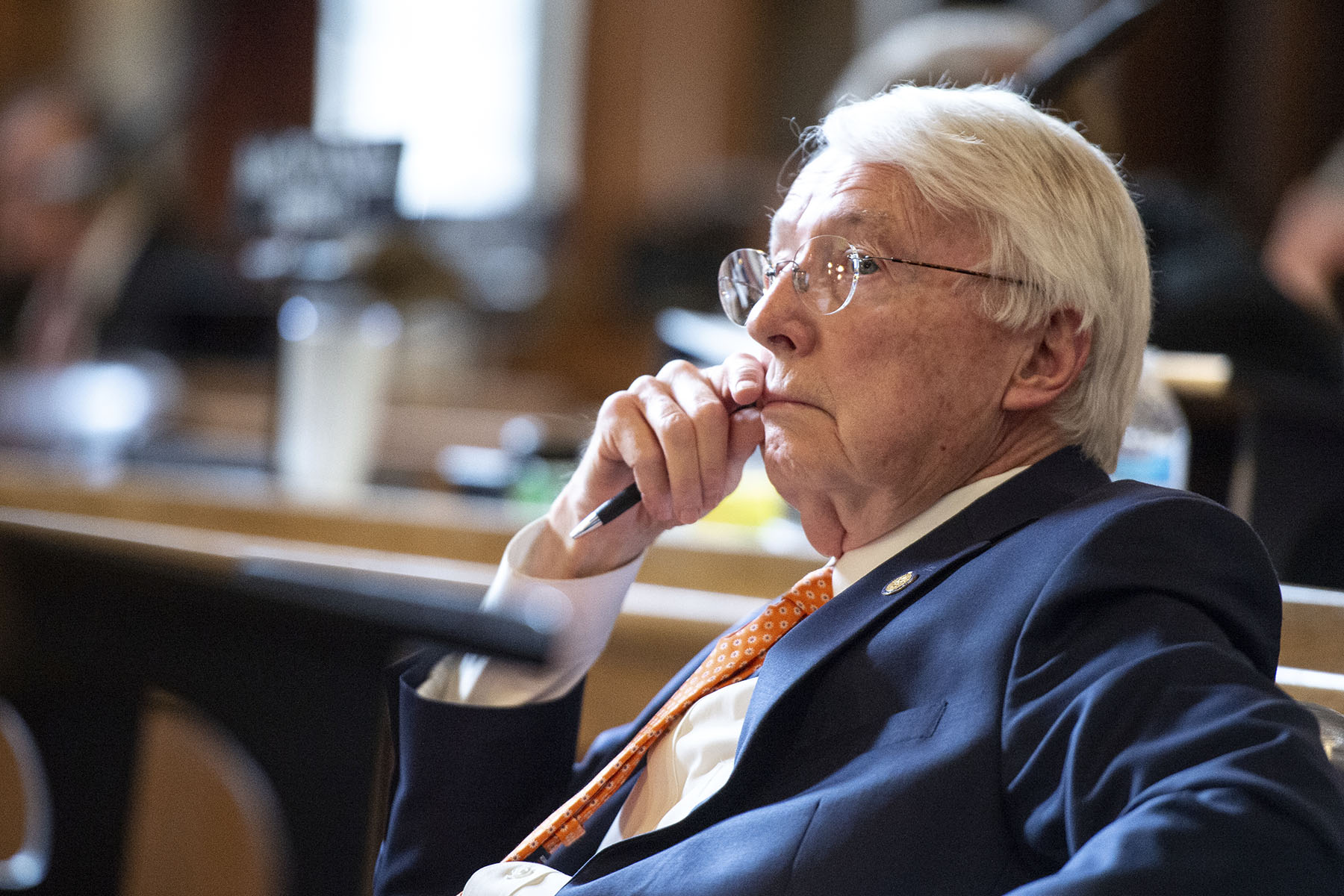 State Sen. Merv Riepe looks pensive before voting on a bill to ban abortions in Nebraska.
