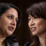 Judges Neomi Rao (left) and Florence Pan at their respective appears before the Senate Judiciary Committee confirmation in 2019 and 2022.