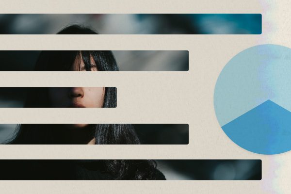 Photo collage depicting an image of a young asian woman superimposed with bar charts with a blue pie chart next to it.