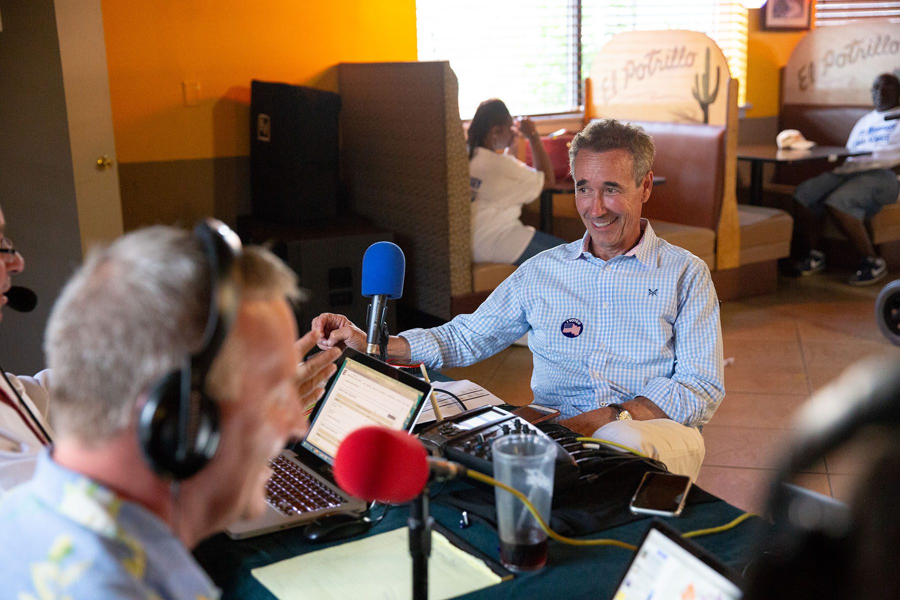 Virginia state senate candidate Joe Morrissey talks during a radio interview at a Petersburg, Virginia restaurant.