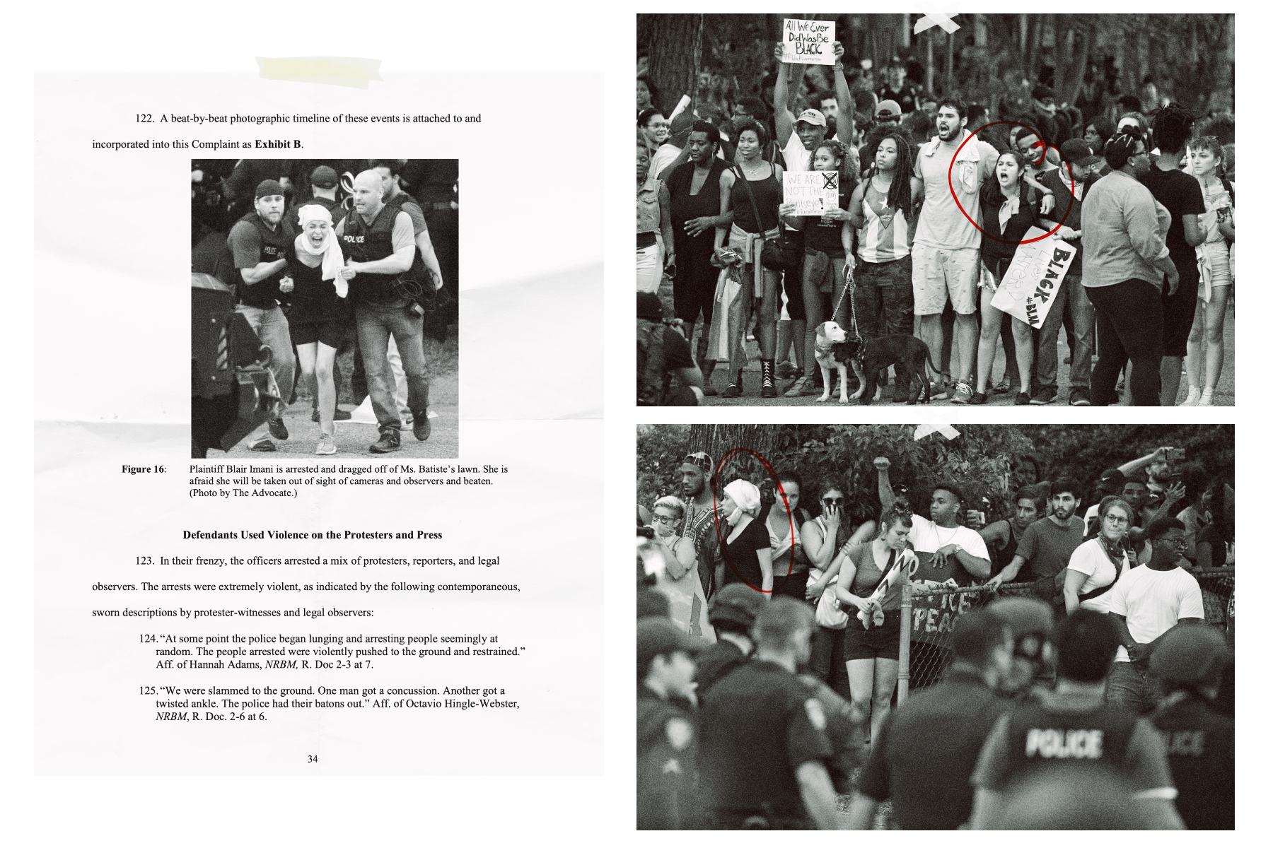 Left: An excerpt of the legal documents for the case in which Plaintiff Blair Imani is seen screaming as she is arrested by Baton Rouge Police officers. Right: Images of protesters prior to the arrests. Imani and Sandi are circled in red in both images.