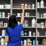 A pharmacy technician grabs a bottle of drugs off a shelve.