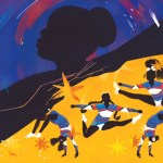Illustration of a large silhouetted figure protecting black cheerleaders as they dance.