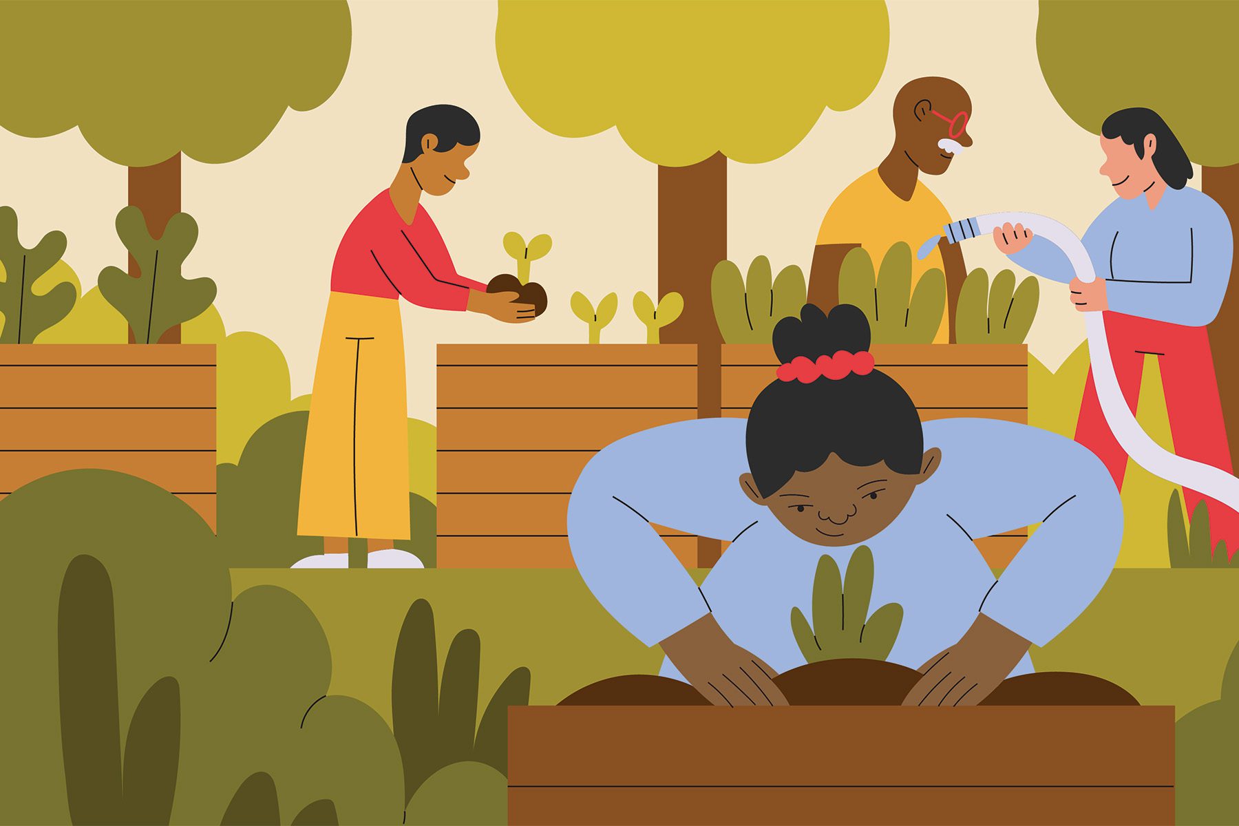 Illustration of multiple generations planting foods together in a garden.
