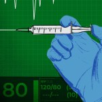 Illustration of a gloved hand holding a syringe over a green background.