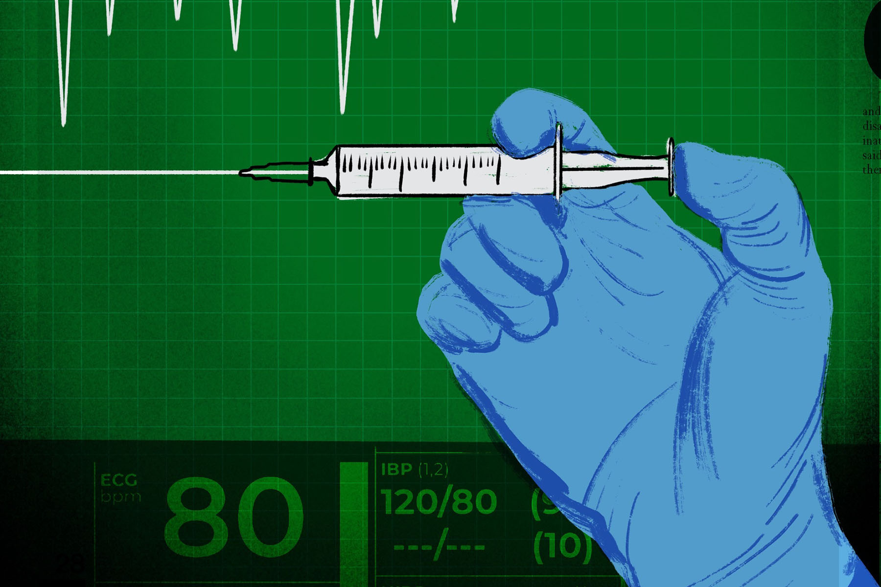 Illustration of a gloved hand holding a syringe over a green background.