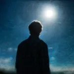 A man is silhouetted against the moon in this abstract photo.