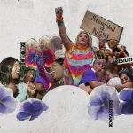 Photo collage of people hugging, dancing, celebrating pride and protesting with the words 