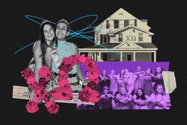 Collage of images of Fa Guzman posing with their sisters. The Chi Omega house is also collaged in the background.