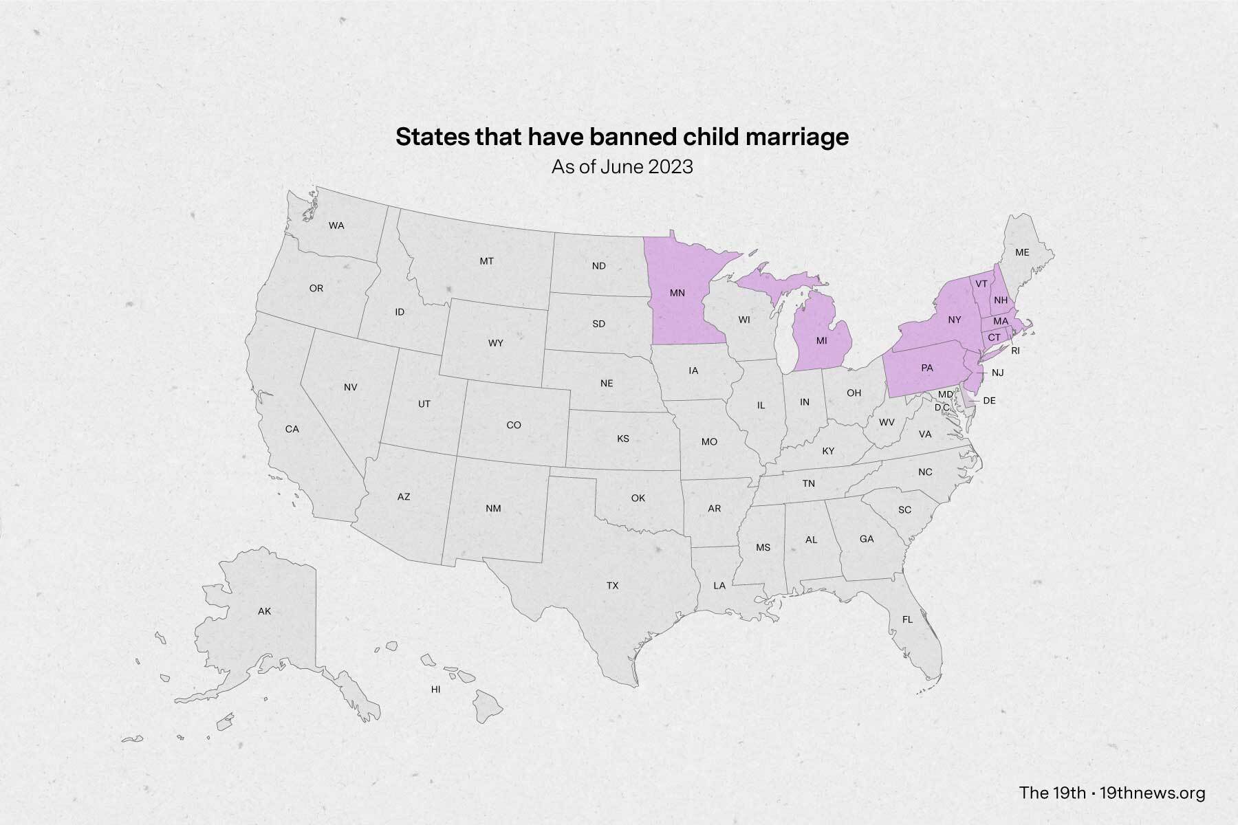 Map of states that have banned child marriage.