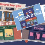 Illustration of various postcards from lesbian bars around the United States including Lipstick Lounge, Femme Bar, Pearl Bar and Cubbyhole.