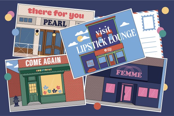 Illustration of various postcards from lesbian bars around the United States including Lipstick Lounge, Femme Bar, Pearl Bar and Cubbyhole.
