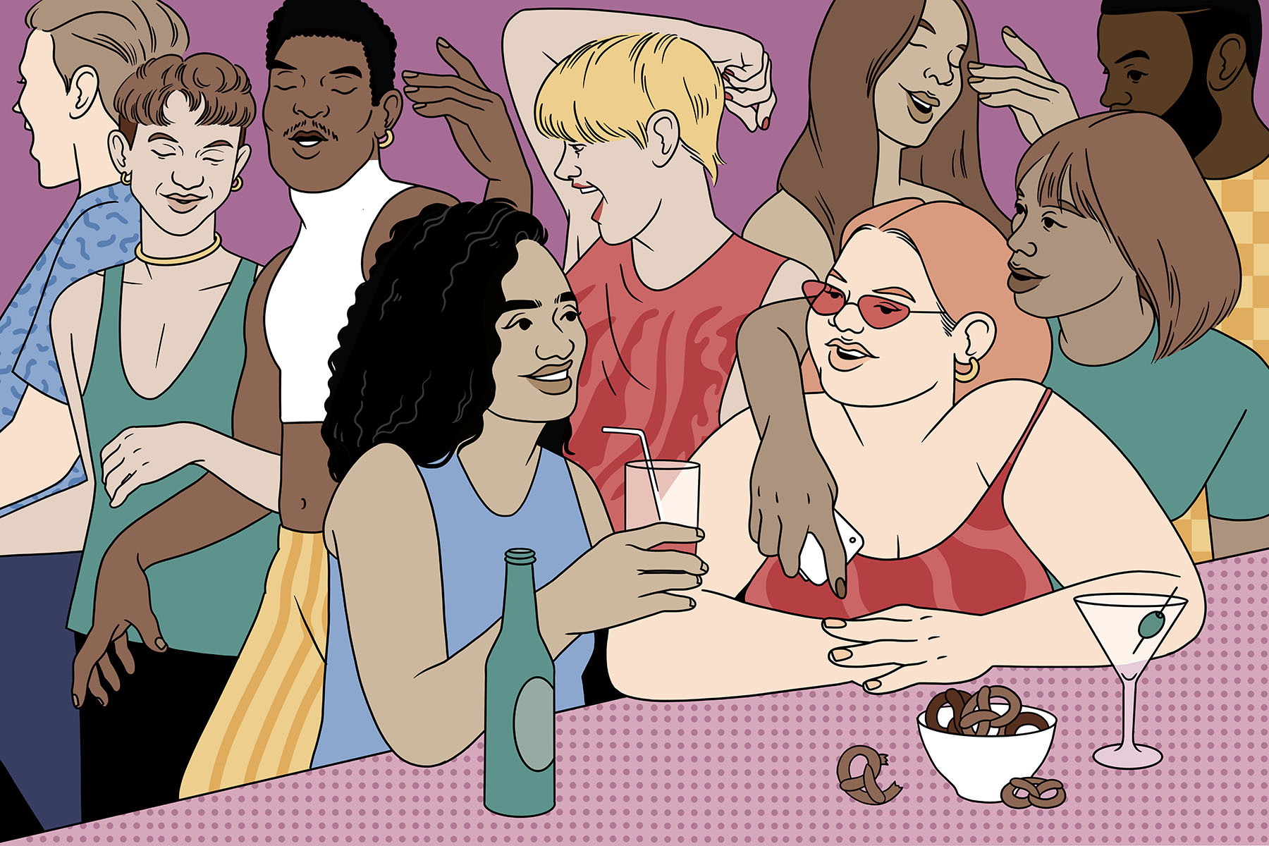 Illustration of people talking, drinking and dancing inside a bar.
