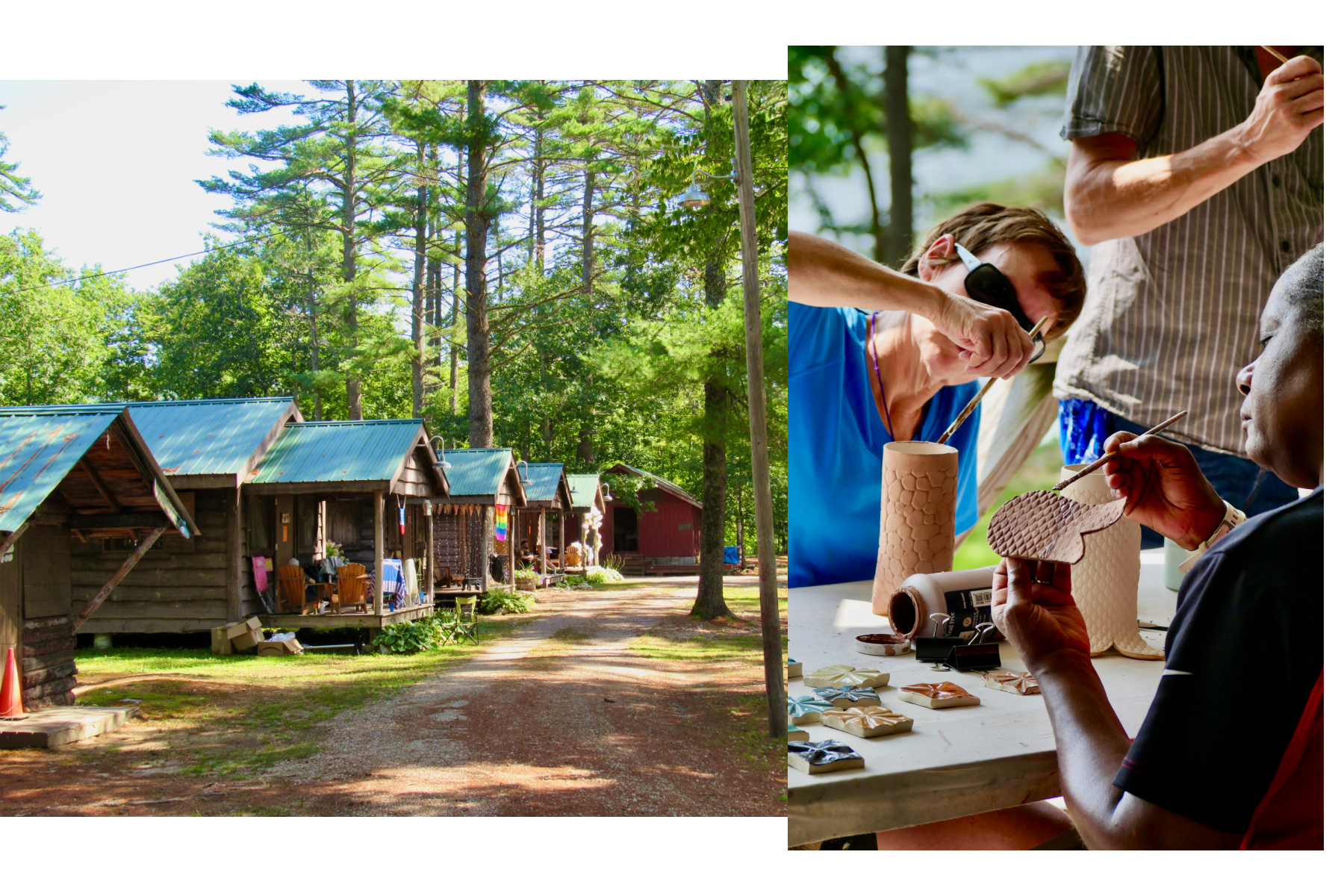 Images of cabins decorated with pride flags at Camp Camp and of people painting pottery.