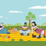 Friends in Progress Pride flag colors having a picnic in a park.