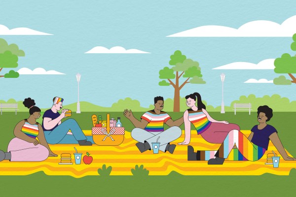 Friends in Progress Pride flag colors having a picnic in a park.