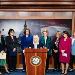 Sen. Patty Murray speaks during the Senate Democrats' news conference on the Dobbs abortion decision anniversary.