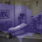 Photo illustration of a map of the continental united states superimposed on an empty consultation room in an abortion clinic.