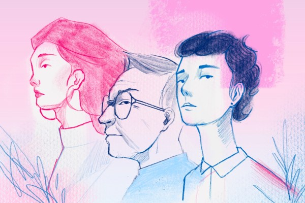 Illustration of different generations of trans people colored in blue and pink.