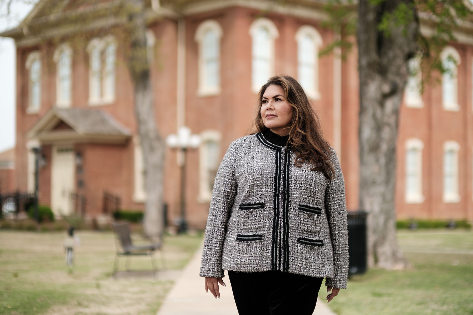 Kimberly Teehee poses for a portrait in front of the Cherokee National History Museum in Talequah, Oklahoma in April 2023.