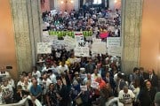 Supporters and opponents of a GOP-backed measure that would make it harder to amend the Ohio constitution packed the statehouse rotunda on May 10, 2023, in Columbus, Ohio. At stake is a citizen-led amendment to grant abortion access in Ohio.