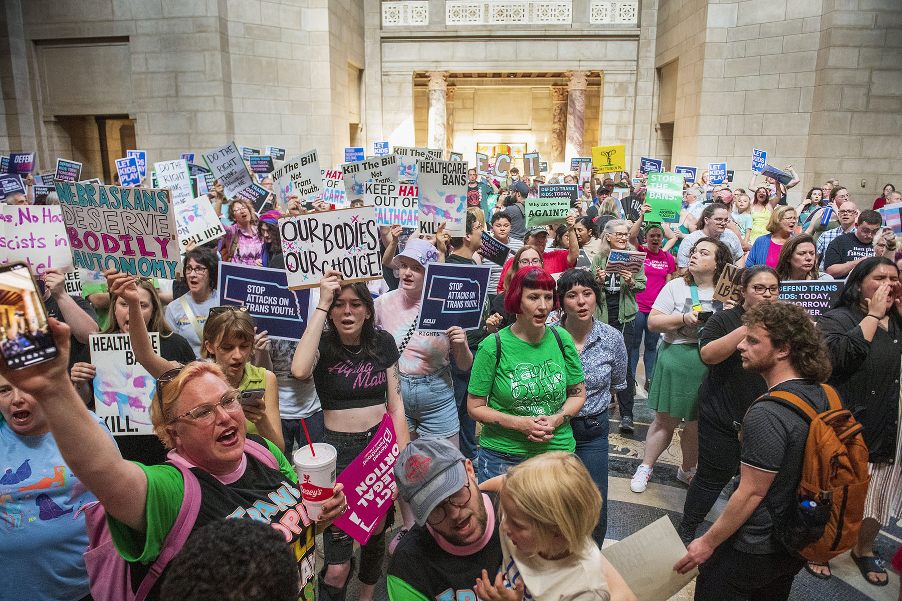 Demonstrators protest at the Nebraska State Capitol.