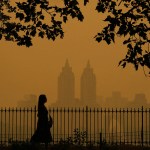 A person walks in Central Park as smoke from wildfires in Canada cause hazy conditions in New York City.