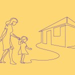 line illustration of a woman walking a child towards a small building.