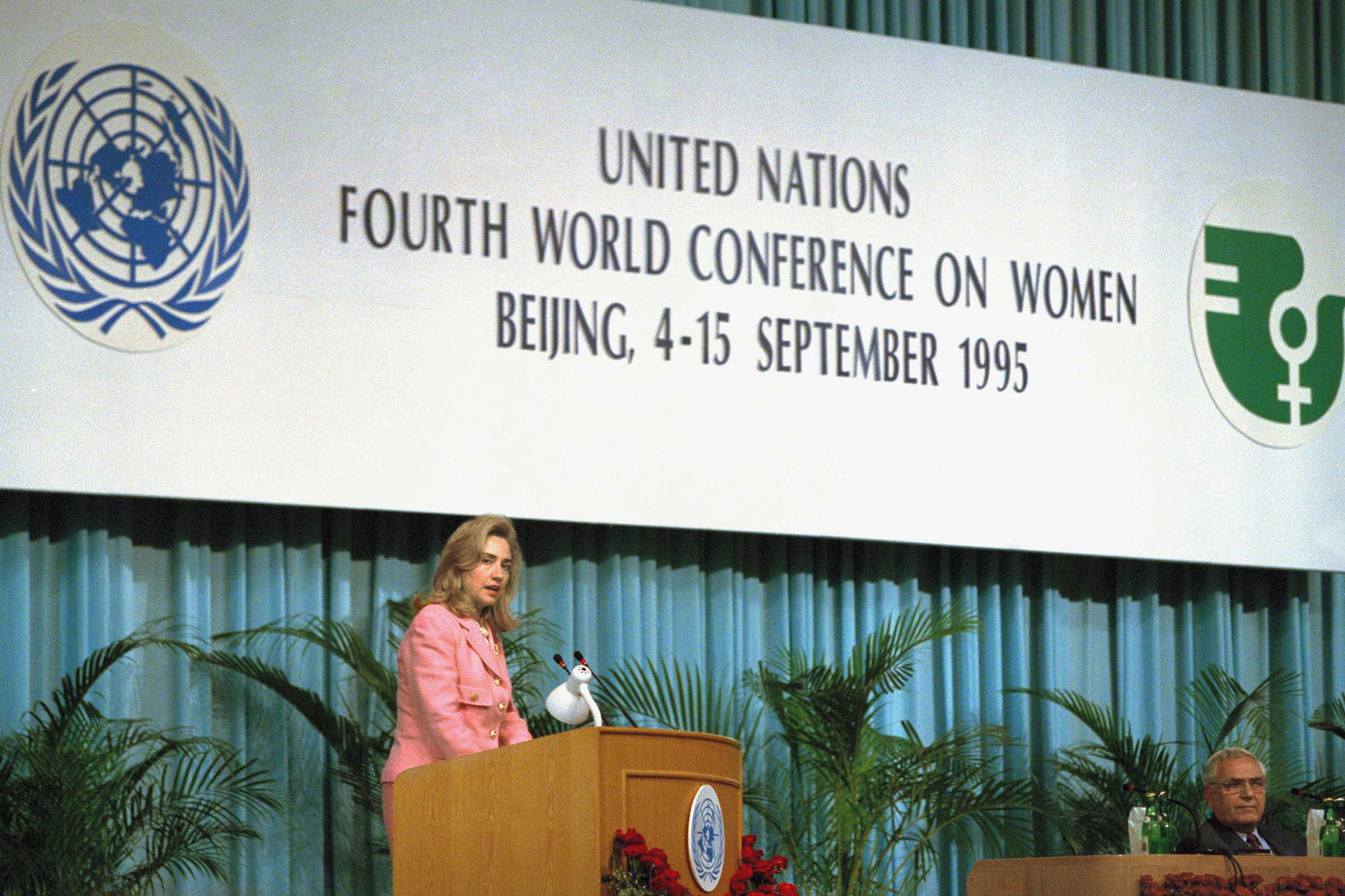 Hillary Rodham Clinton addresses a special session of the Fourth World Conference on Women in Beijing on Sept. 5, 1995.