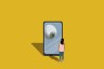 Illustration of a large eyeball on a smart phone watching a woman through the screen.