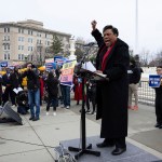 National Education Association President Becky Pringle speaks during a rally outside the Supreme Court.