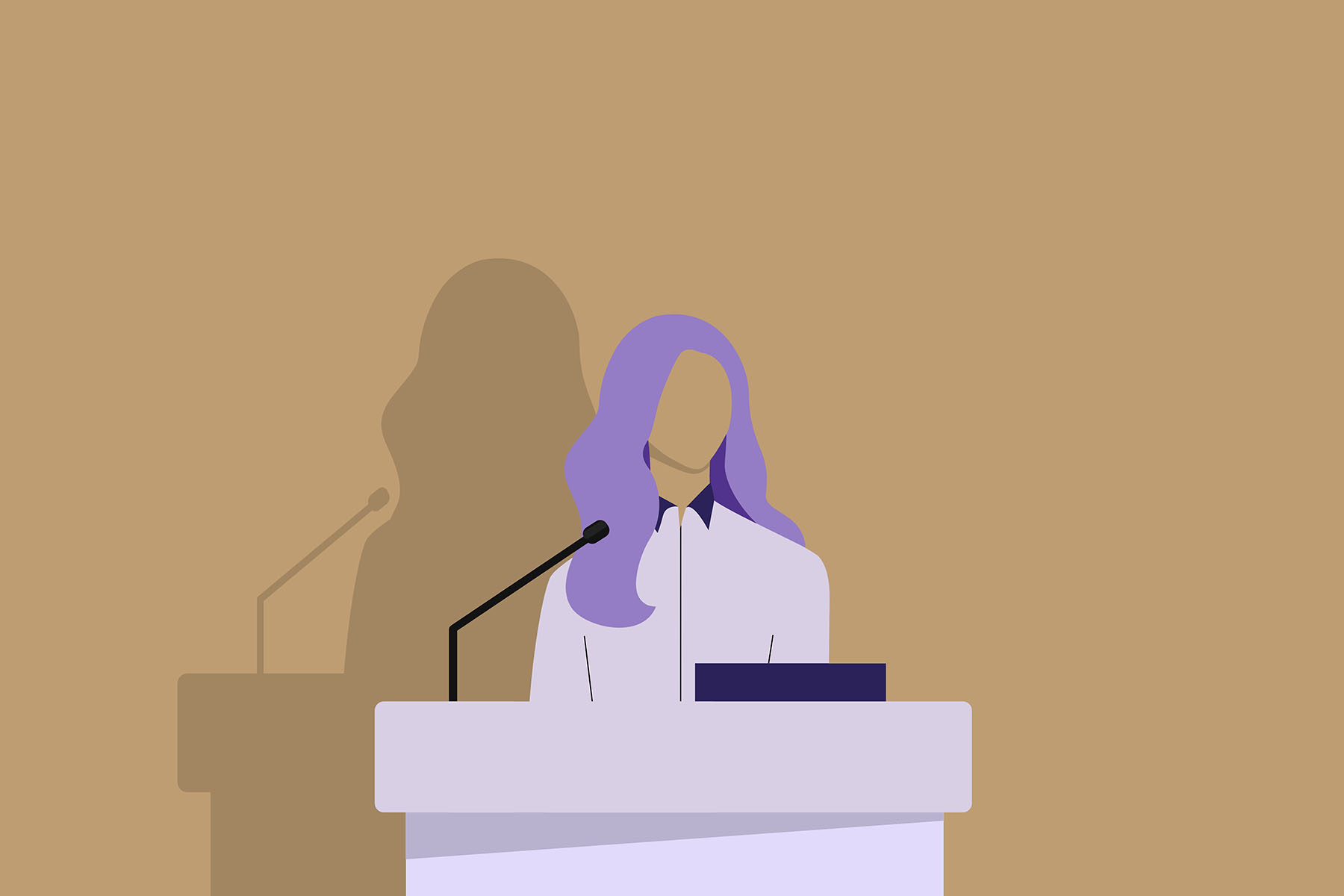 illustration shows a woman at a podium.