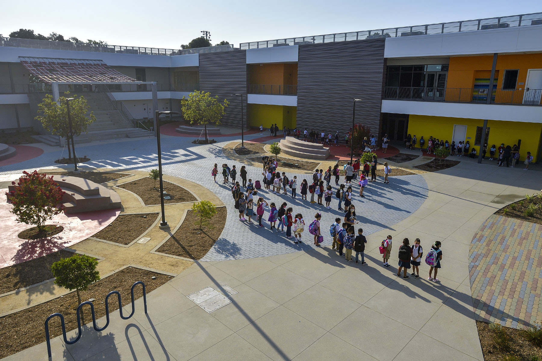 Students line up in the courtyard of Roosevelt Elementary School in Anaheim, California.