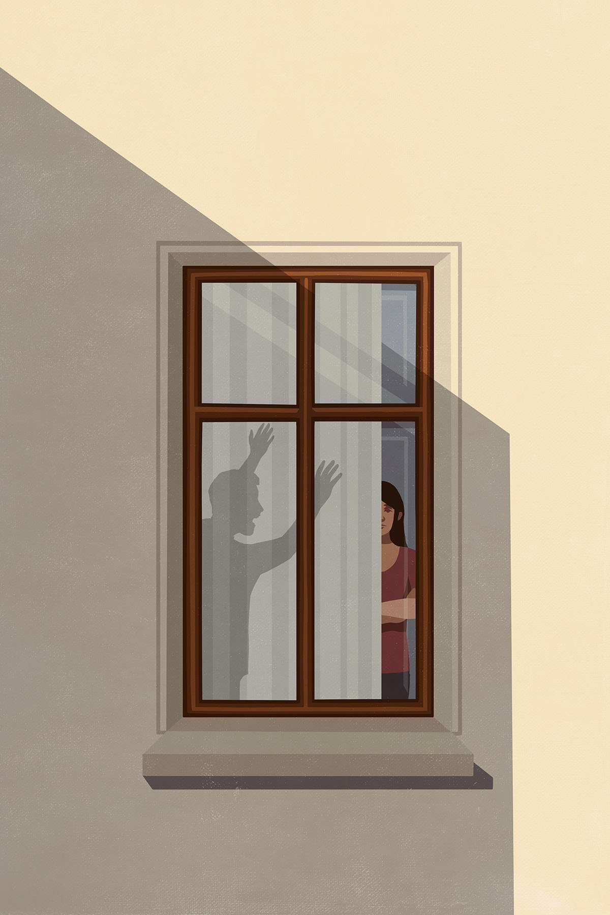 Illustration of the shadow of an angry man gesticulating at woman in apartment window