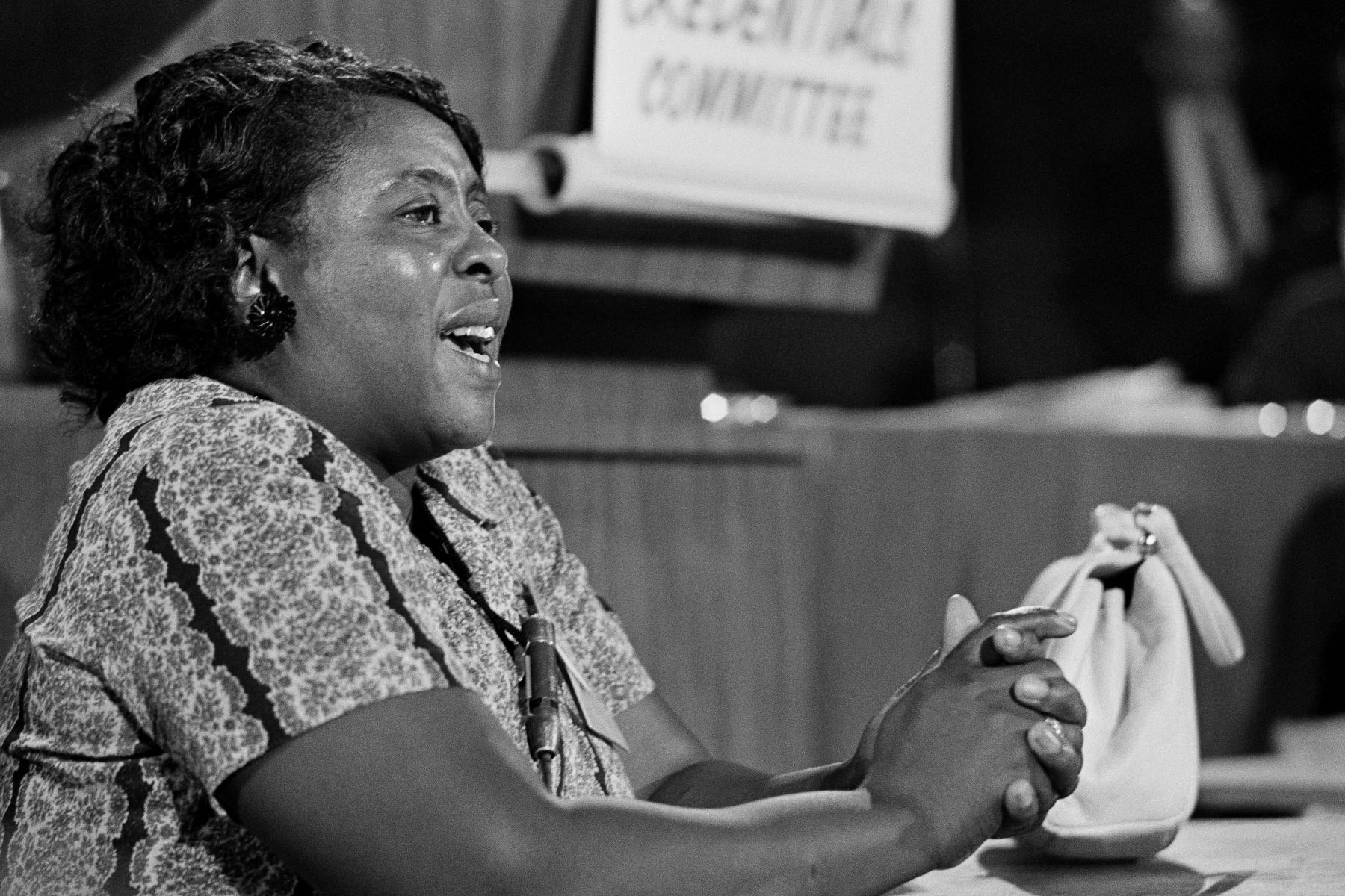 Fannie Lou Hamer speaks before the credentials committee of the Democratic national convention in 1964.