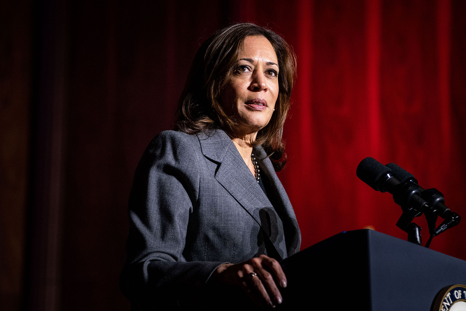 Vice President Kamala Harris delivers remarks on stage at Bowie State University.